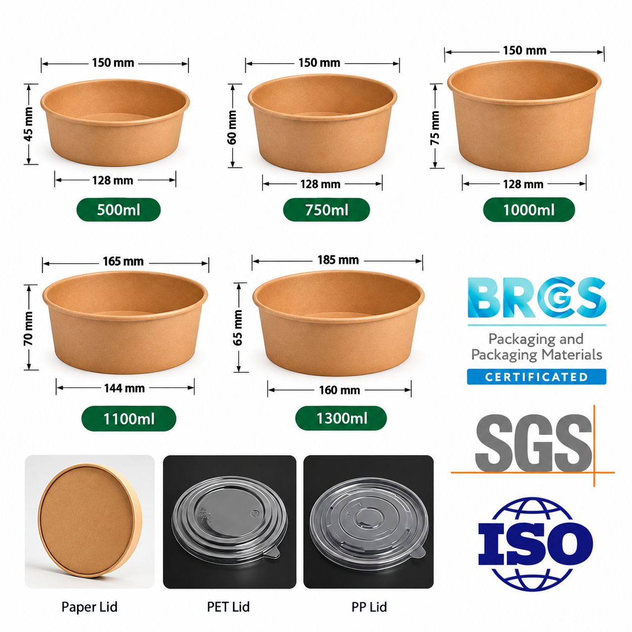 Paper bowl sizes with dimensions, paper lid, PET lid, PP lid and certification logos