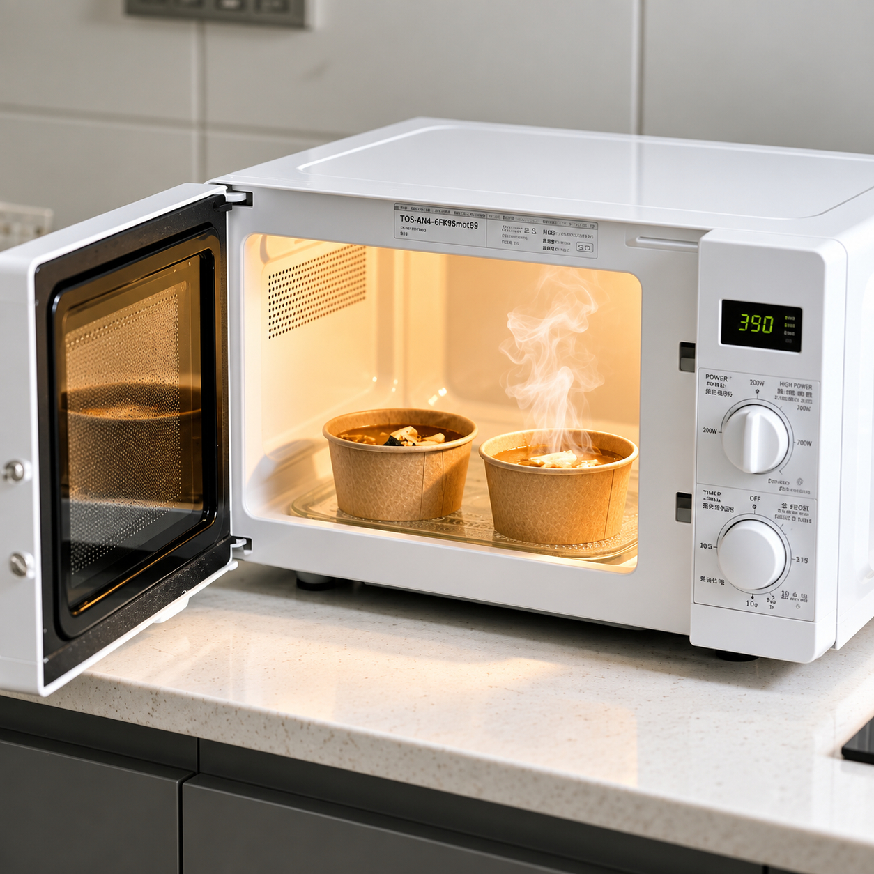 Paper bowls with hot food reheating inside an open microwave