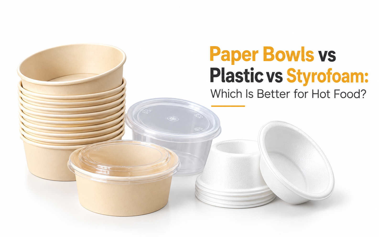 Paper bowls, plastic container and styrofoam bowls comparison for hot food