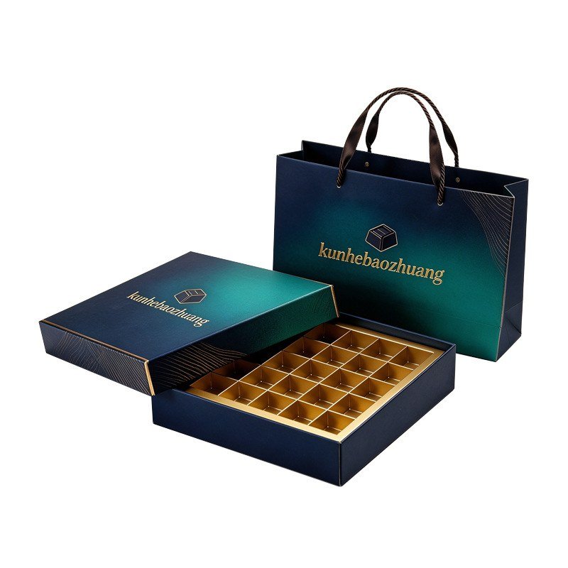Rigid chocolate gift box with gold tray and carrier bag - blue green finish