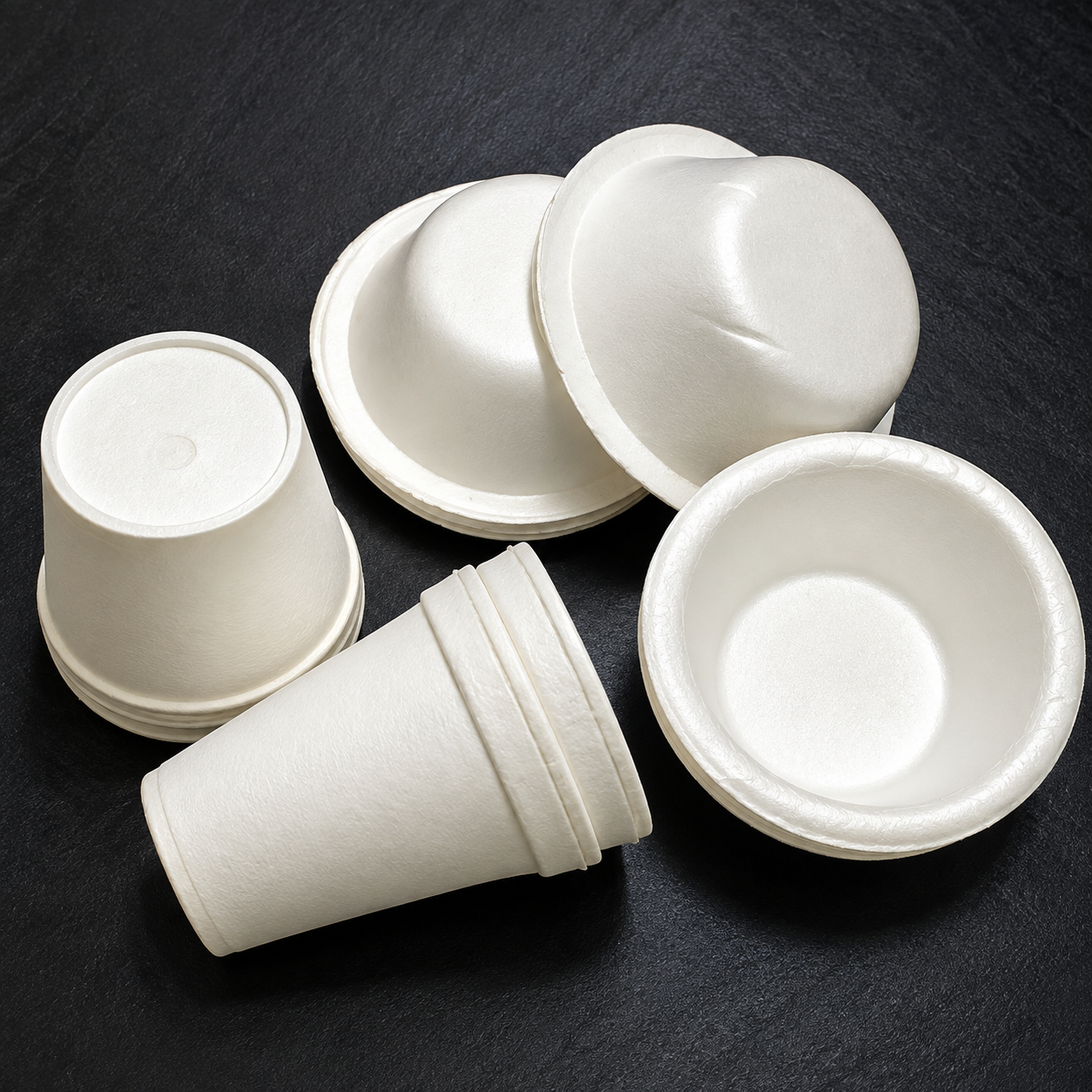 White styrofoam foam bowls and cups